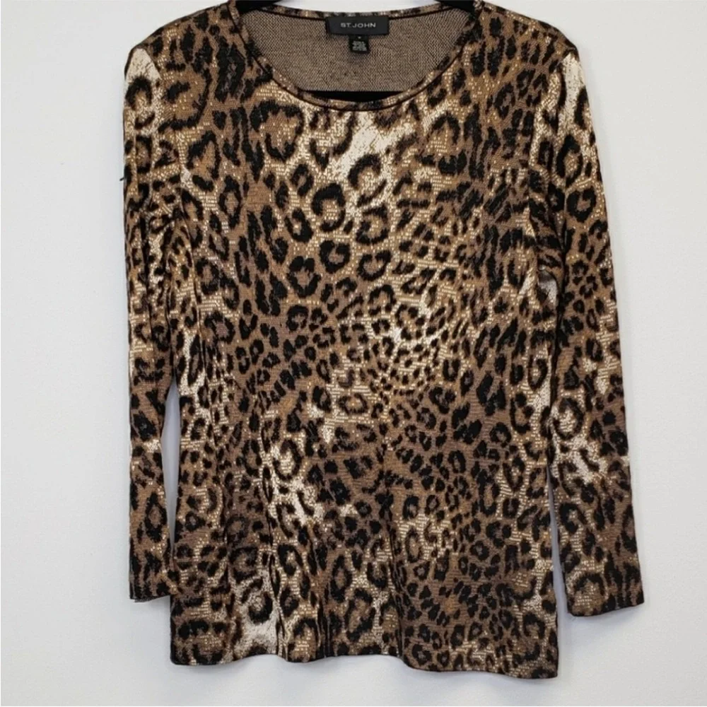 St. John Animal Print Crew Neck Sweater Medium